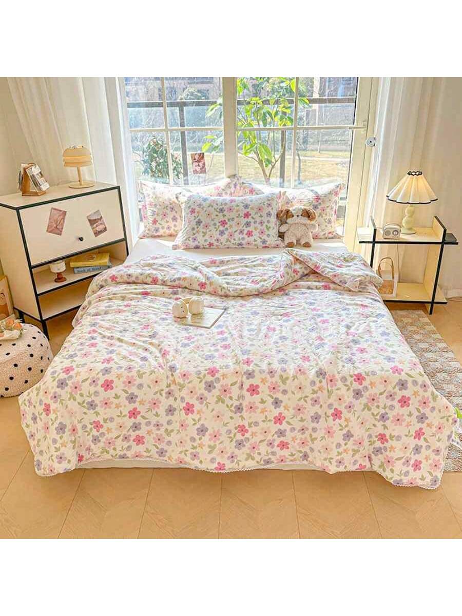Soft Quilted Floral Comforter Breathable Double Layer Blanket for Bed Sofa Dorm
