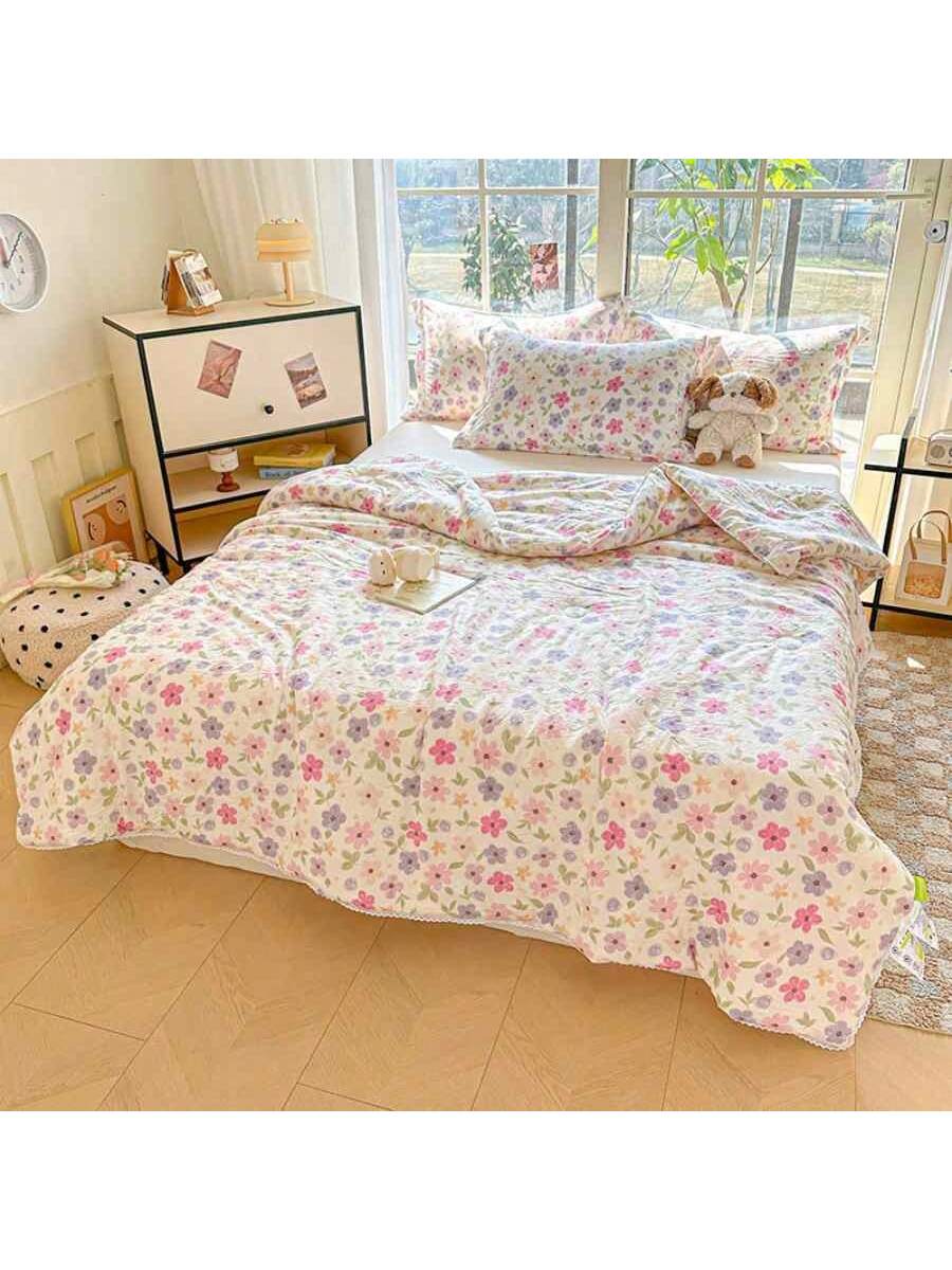 Soft Quilted Floral Comforter Breathable Double Layer Blanket for Bed Sofa Dorm