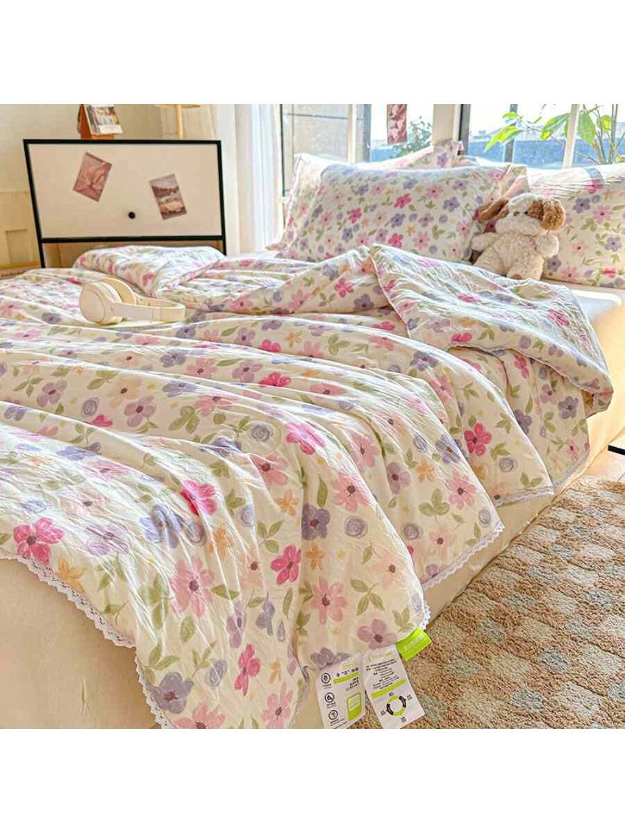 Soft Quilted Floral Comforter Breathable Double Layer Blanket for Bed Sofa Dorm