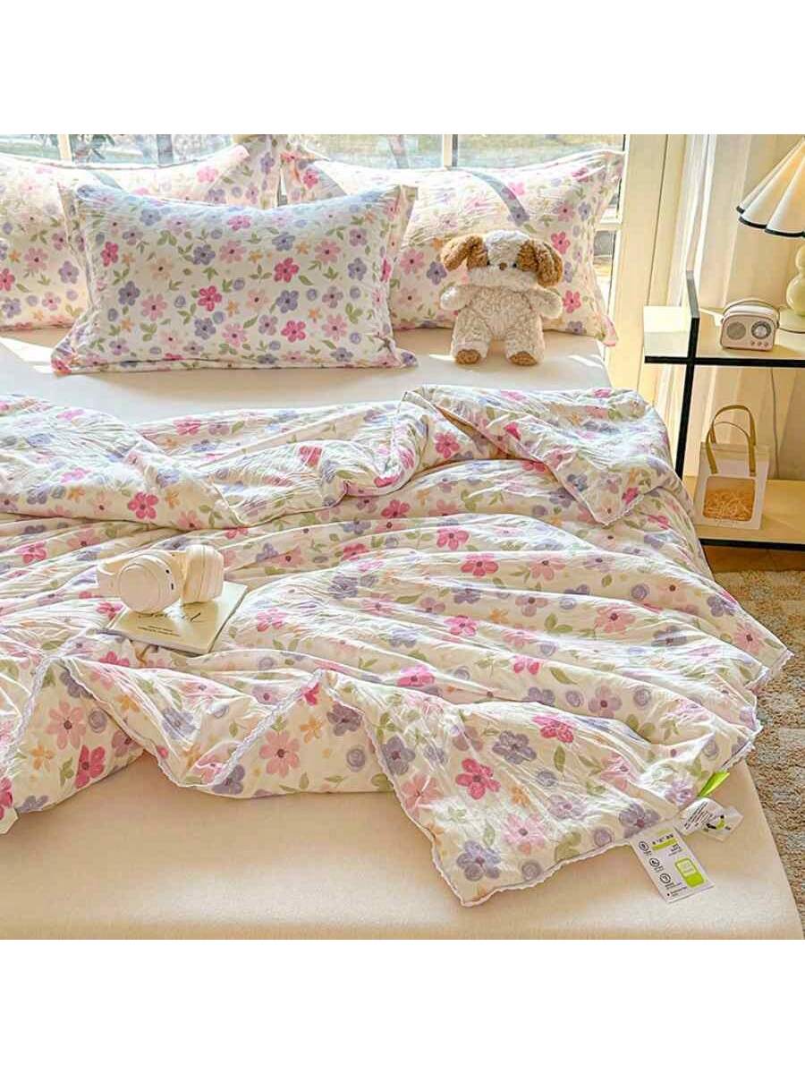 Soft Quilted Floral Comforter Breathable Double Layer Blanket for Bed Sofa Dorm