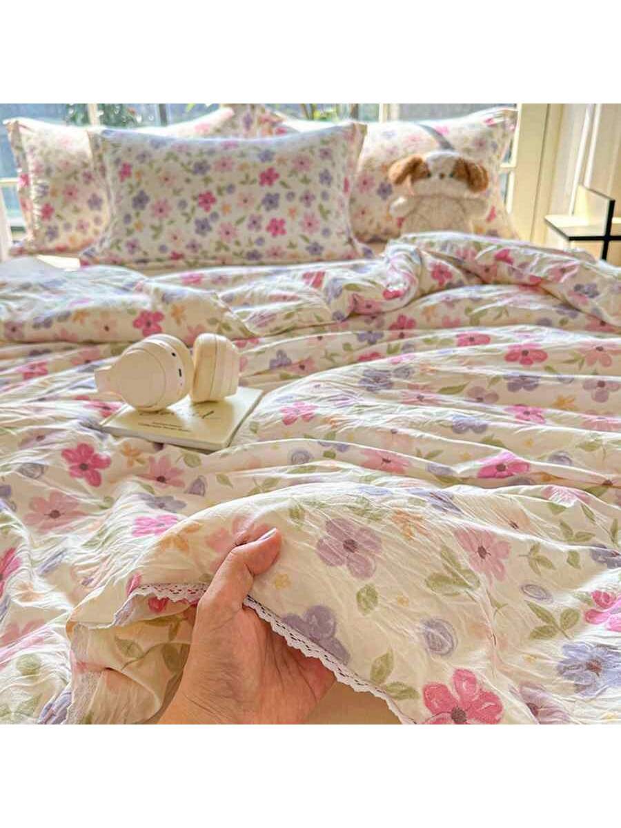 Soft Quilted Floral Comforter Breathable Double Layer Blanket for Bed Sofa Dorm