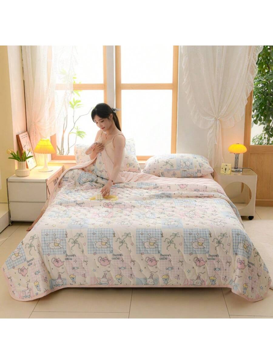 Quilted Cotton Knit Comforter Floral Soft Blanket for Bed Sofa Room Dorm Chair