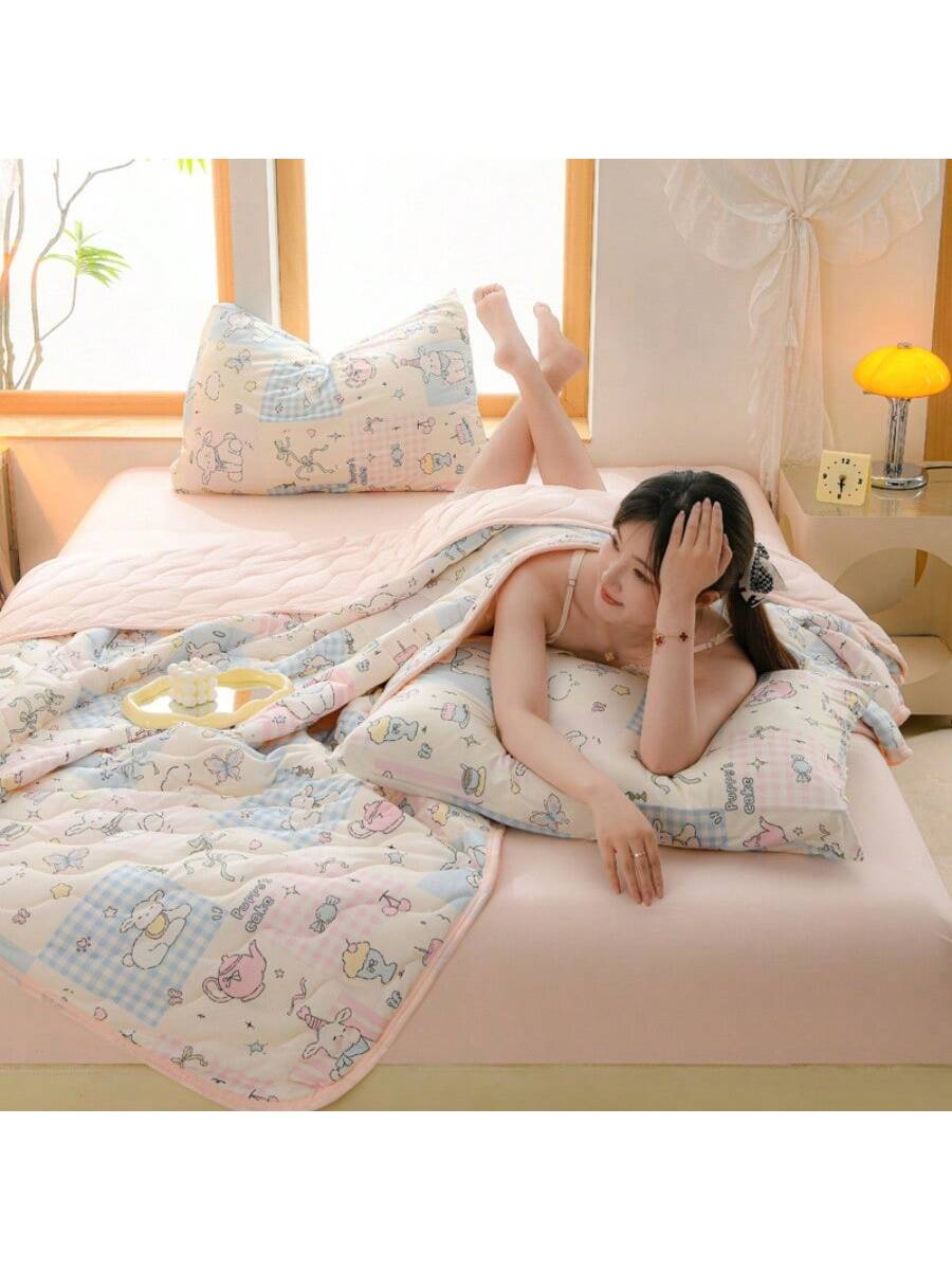 Quilted Cotton Knit Comforter Floral Soft Blanket for Bed Sofa Room Dorm Chair