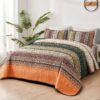 3 Piece Boho Quilt Set Green Orange Lightweight Bedding for Queen King Bed All Season