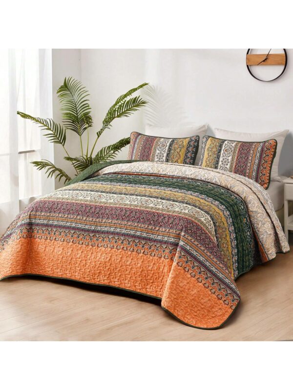 3 Piece Boho Quilt Set Green Orange Lightweight Bedding for Queen King Bed All Season