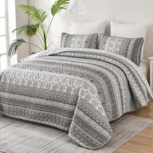 3 Piece Boho Quilt Set Grey Lightweight Bedspread Coverlet for Queen King All Season