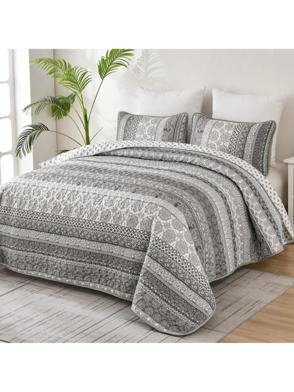 3 Piece Boho Quilt Set Grey Lightweight Bedspread Coverlet for Queen King All Season
