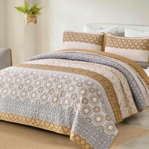 3 Piece Brown Boho Quilt Set Striped Paisley Soft Lightweight Bedding for All Season