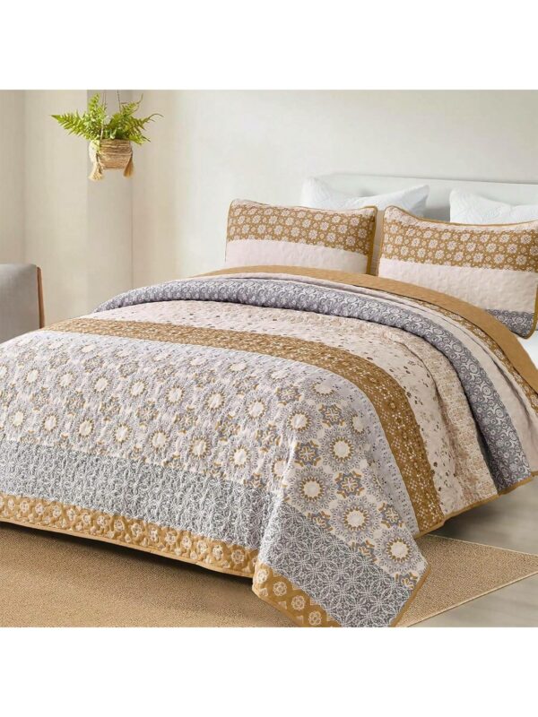 3 Piece Brown Boho Quilt Set Striped Paisley Soft Lightweight Bedding for All Season