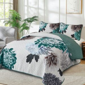 3 Piece Green Floral Quilt Set Boho Soft Lightweight Bedspread for All Season Use