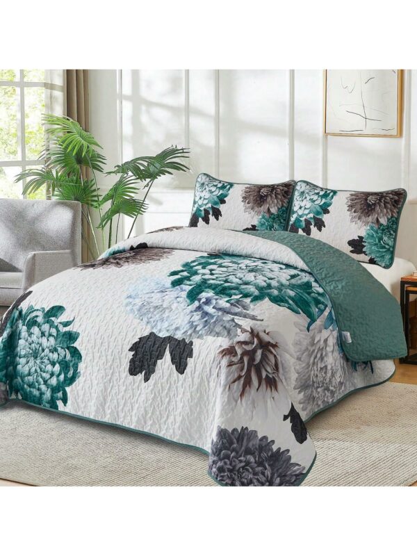 3 Piece Green Floral Quilt Set Boho Soft Lightweight Bedspread for All Season Use