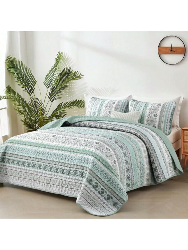 3 Piece Mint Green Boho Bedspread Set Striped Soft Lightweight Bedding with Pillow