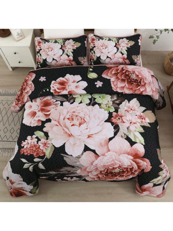 3 Piece Pink Floral Quilt Set Reversible Lightweight Bedding with Pillow Shams All Season