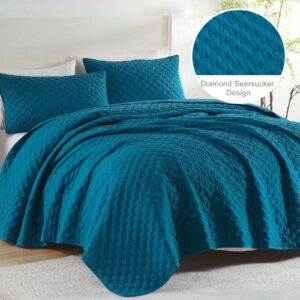 3 Pieces Teal Blue Quilt Set Embossed Design With Pillow