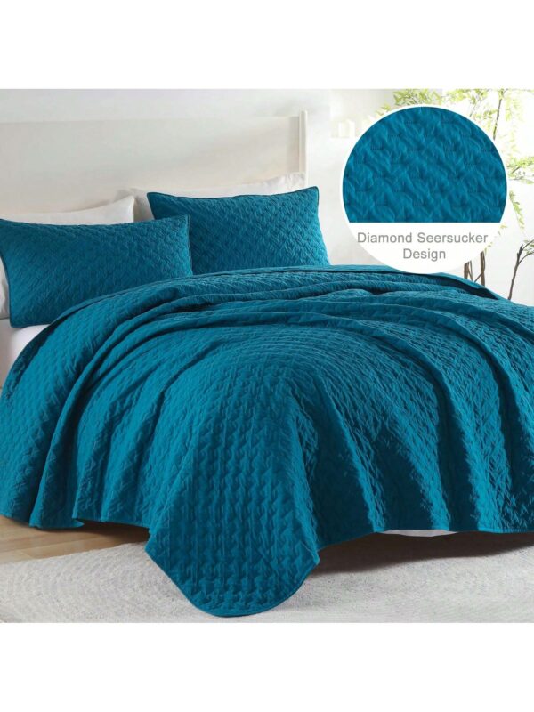 3 Pieces Teal Blue Quilt Set Embossed Design With Pillow
