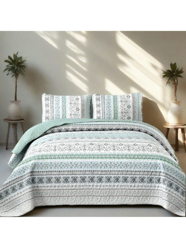 3 Piece Mint Green Boho Bedspread Set Striped Soft Lightweight Bedding with Pillow