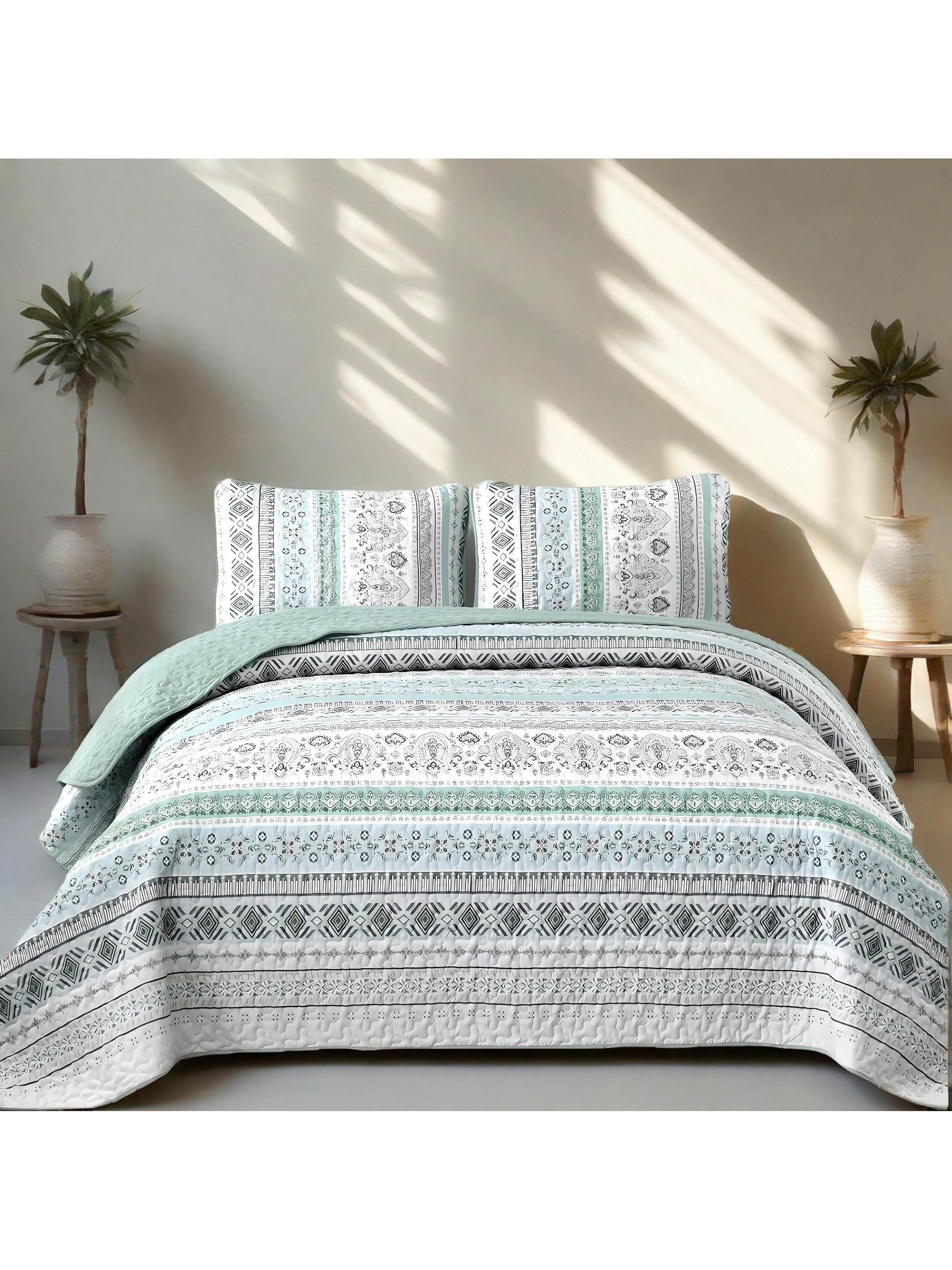 3 Piece Mint Green Boho Bedspread Set Striped Soft Lightweight Bedding with Pillow 3 Piece Mint Green Boho Bedspread Set Striped Soft Lightweight Bedding with Pillow