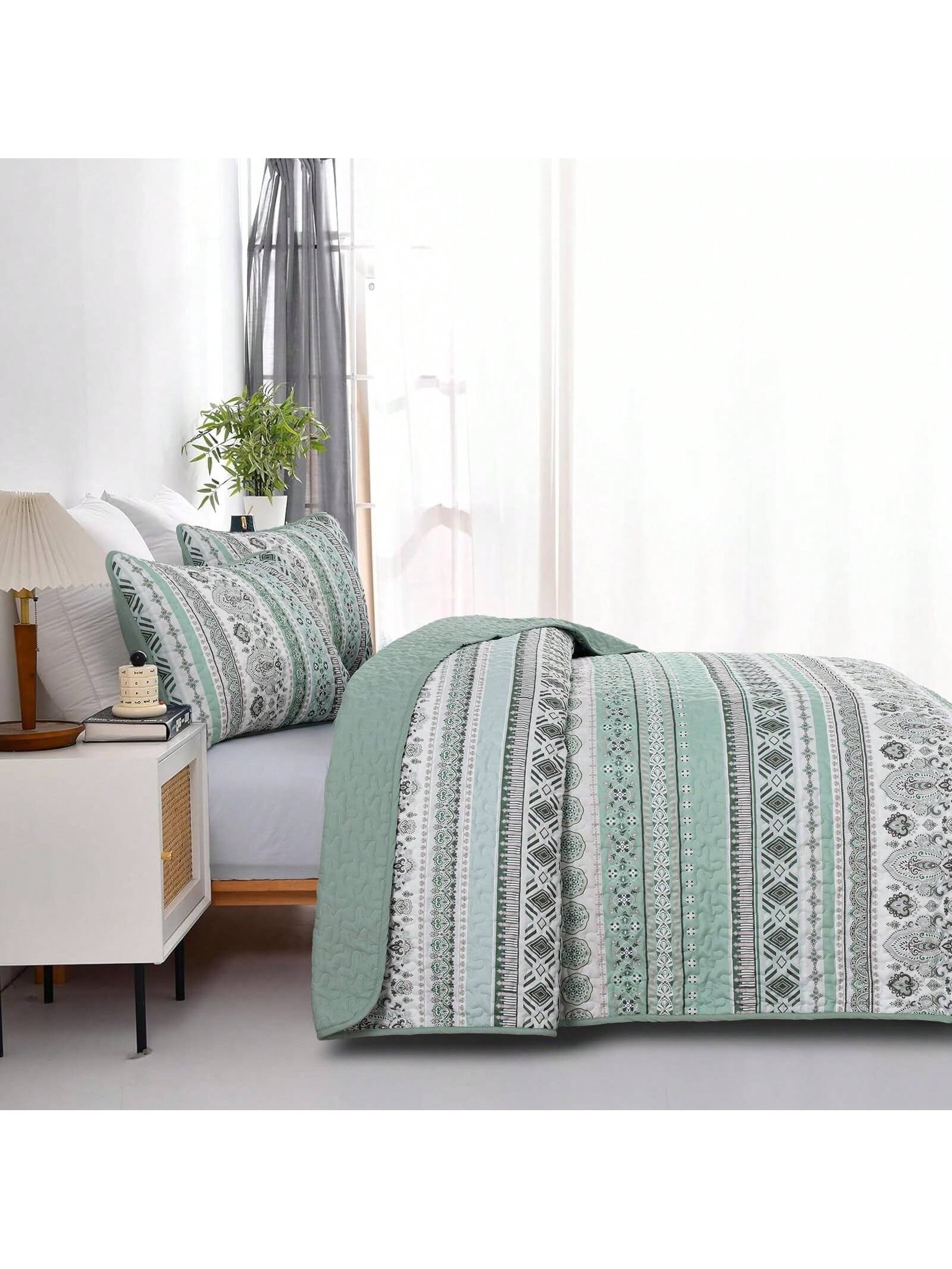 3 Piece Mint Green Boho Bedspread Set Striped Soft Lightweight Bedding with Pillow 3 Piece Mint Green Boho Bedspread Set Striped Soft Lightweight Bedding with Pillow