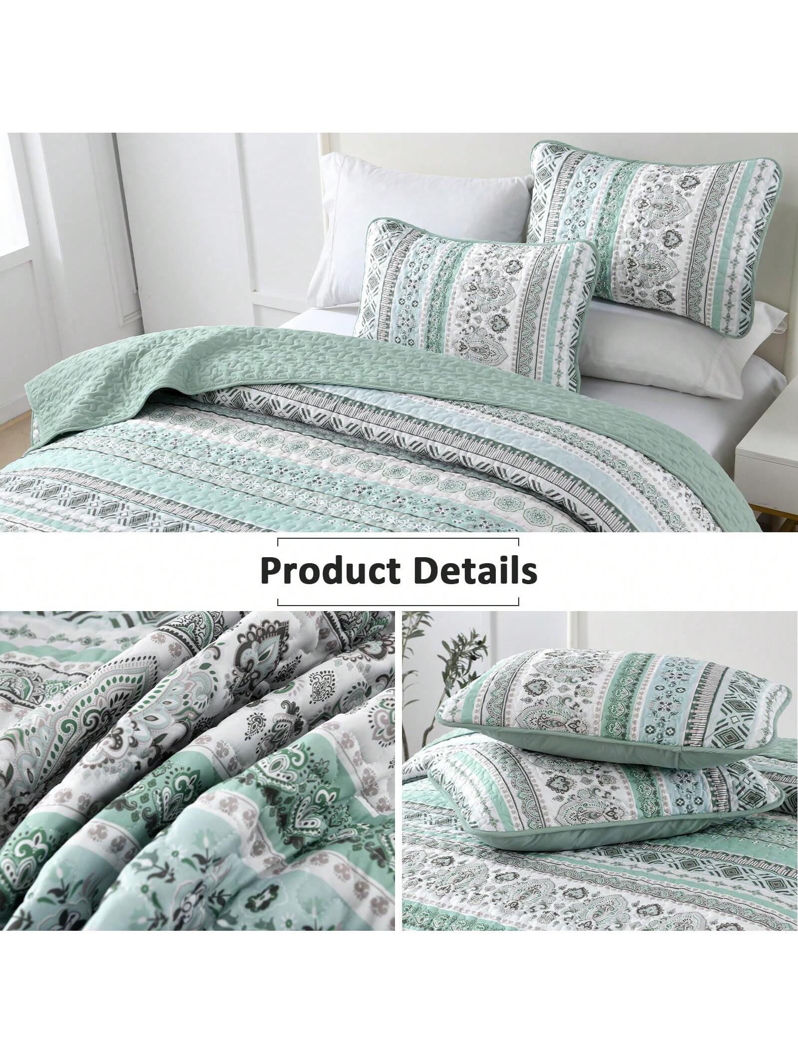 3 Piece Mint Green Boho Bedspread Set Striped Soft Lightweight Bedding with Pillow 3 Piece Mint Green Boho Bedspread Set Striped Soft Lightweight Bedding with Pillow