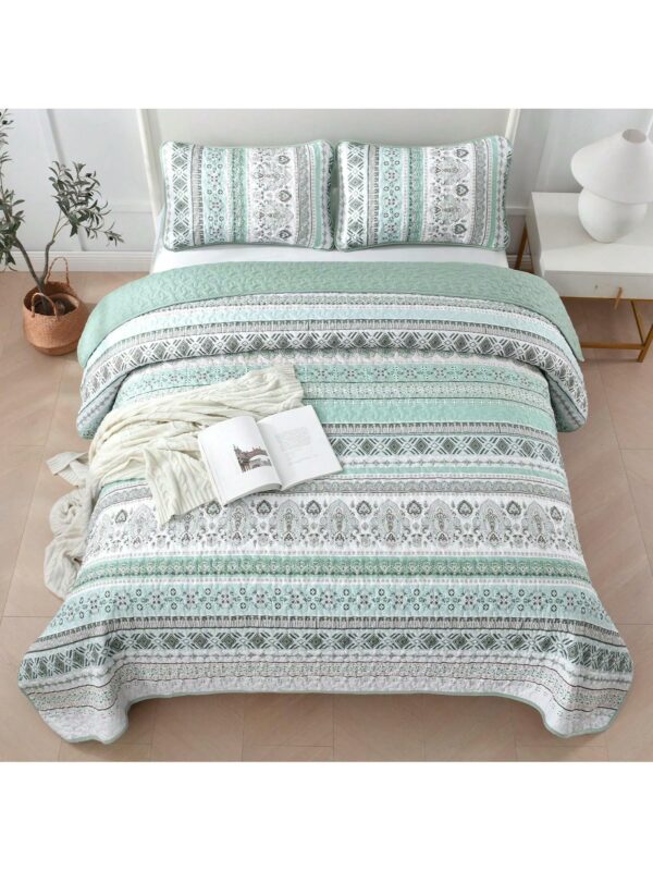 3 Piece Mint Green Boho Bedspread Set Striped Soft Lightweight Bedding with Pillow