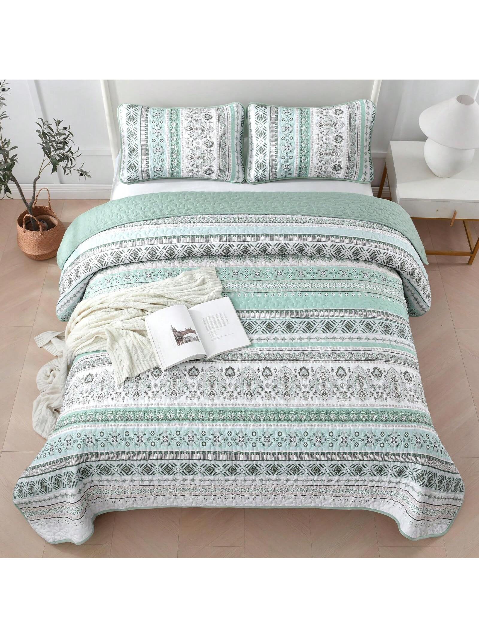 3 Piece Mint Green Boho Bedspread Set Striped Soft Lightweight Bedding with Pillow 3 Piece Mint Green Boho Bedspread Set Striped Soft Lightweight Bedding with Pillow