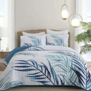 3 Piece Blue Palm Tree Quilt Set Reversible Soft Lightweight Bedding for All Season Use