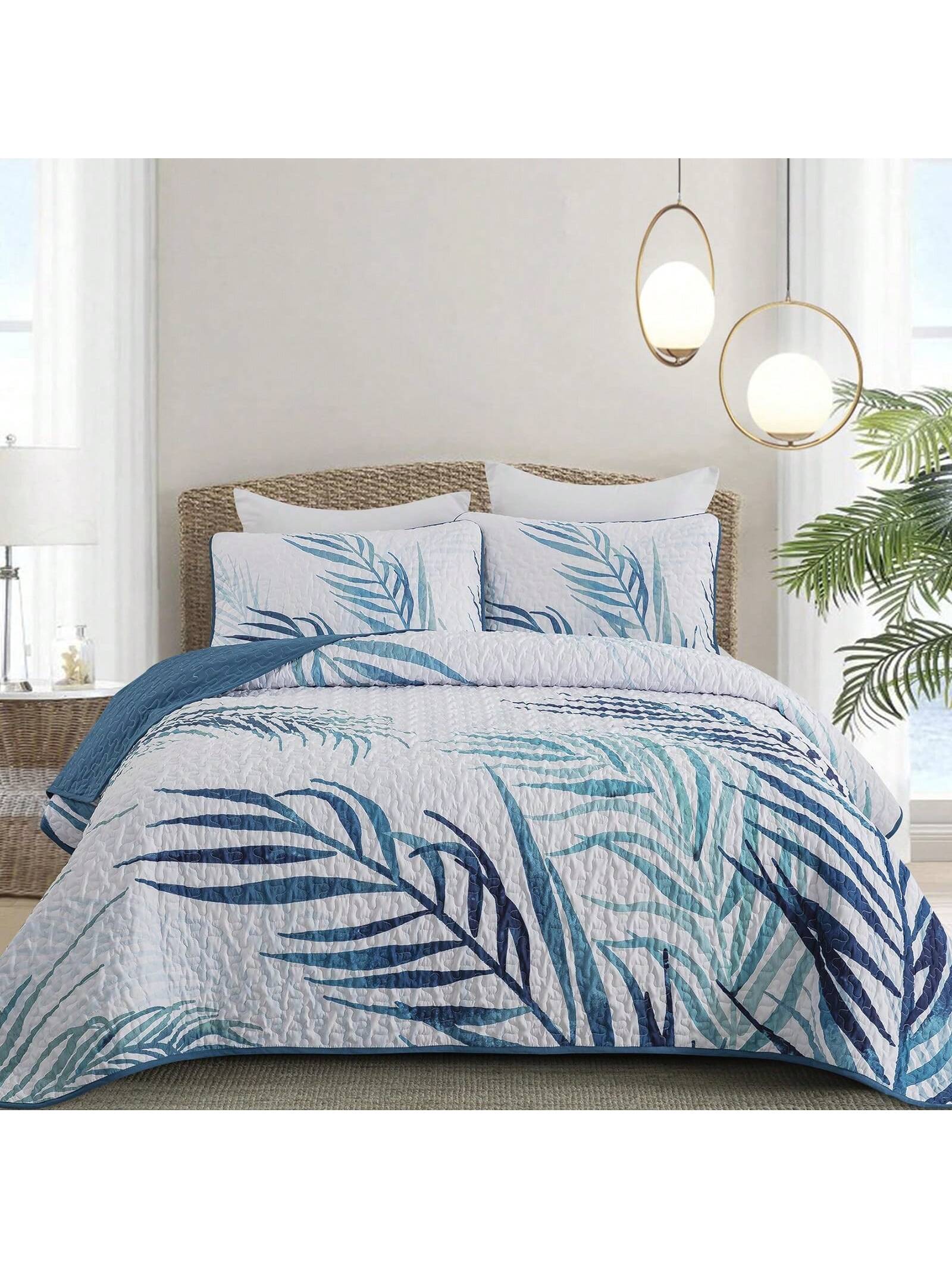 3 Piece Blue Palm Tree Quilt Set Reversible Soft Lightweight Bedding for All Season Use 3 Piece Blue Palm Tree Quilt Set Reversible Soft Lightweight Bedding for All Season Use