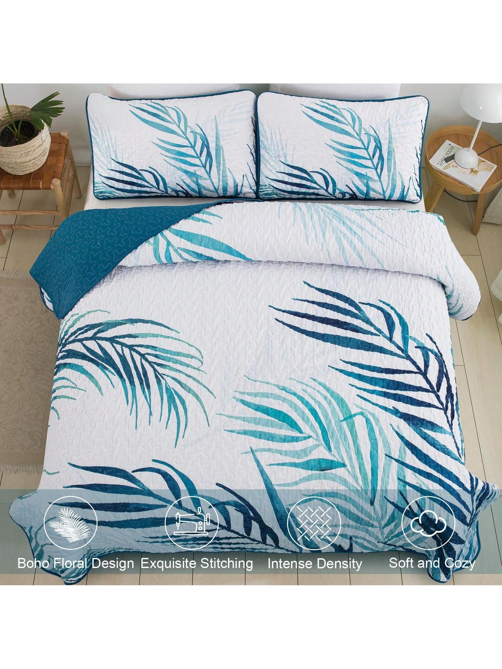 3 Piece Blue Palm Tree Quilt Set Reversible Soft Lightweight Bedding for All Season Use 3 Piece Blue Palm Tree Quilt Set Reversible Soft Lightweight Bedding for All Season Use