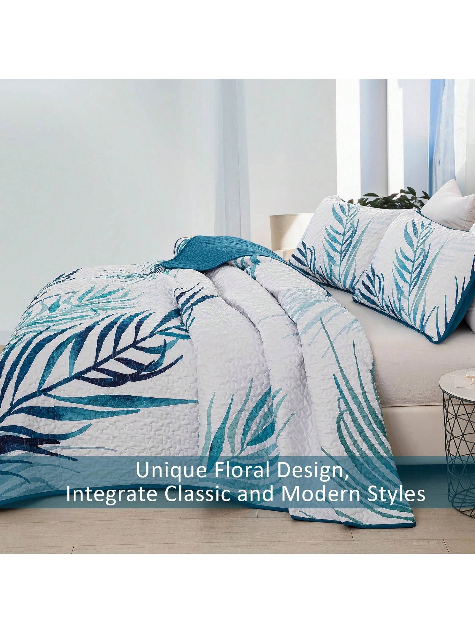 3 Piece Blue Palm Tree Quilt Set Reversible Soft Lightweight Bedding for All Season Use 3 Piece Blue Palm Tree Quilt Set Reversible Soft Lightweight Bedding for All Season Use