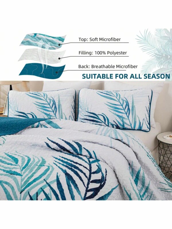 3 Piece Blue Palm Tree Quilt Set Reversible Soft Lightweight Bedding for All Season Use