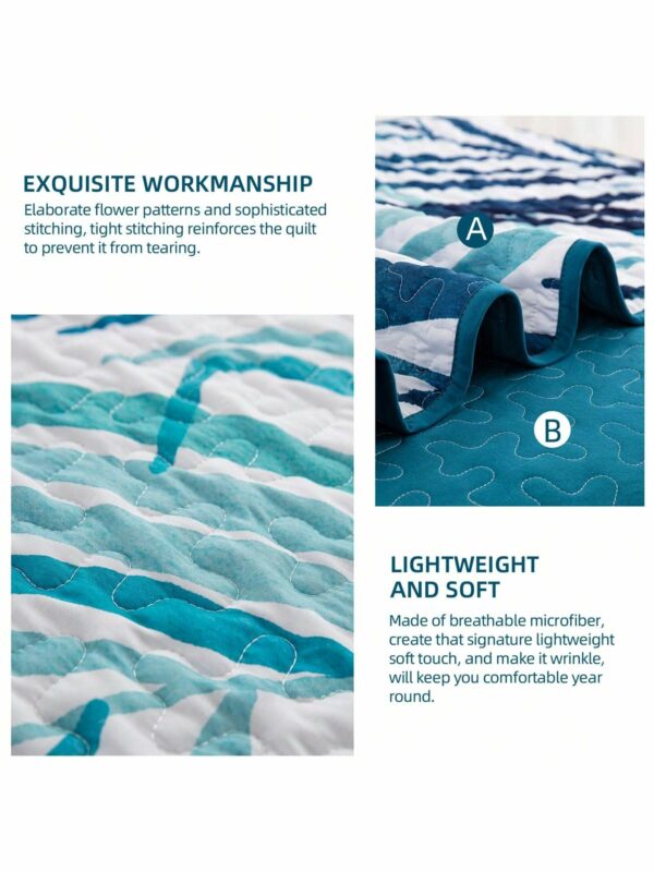 3 Piece Blue Palm Tree Quilt Set Reversible Soft Lightweight Bedding for All Season Use