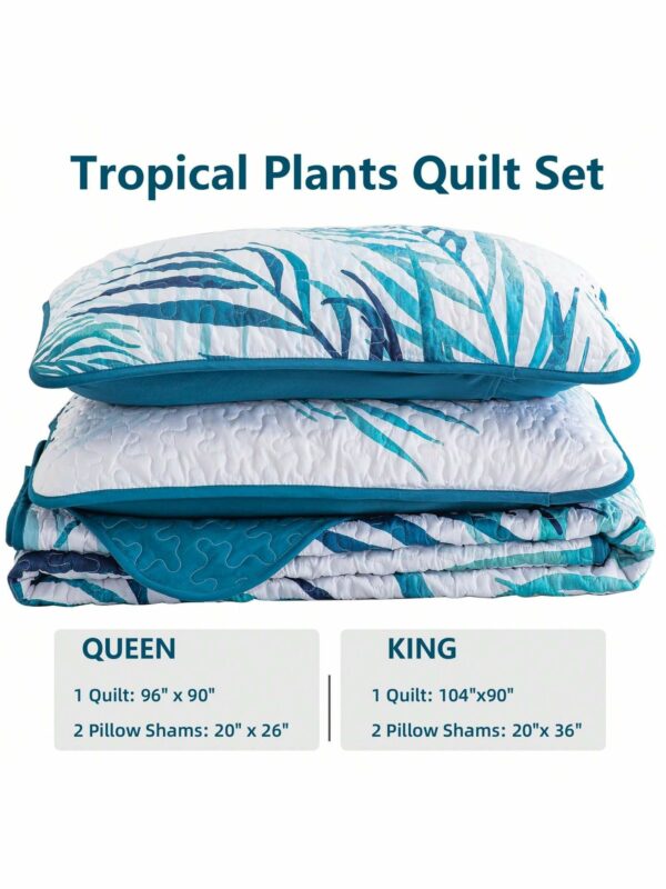 3 Piece Blue Palm Tree Quilt Set Reversible Soft Lightweight Bedding for All Season Use
