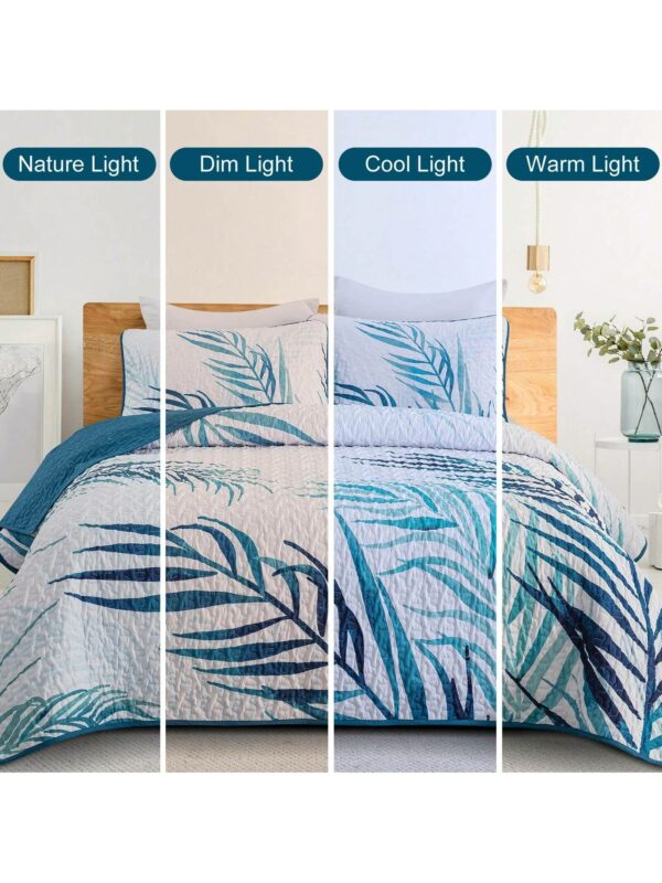 3 Piece Blue Palm Tree Quilt Set Reversible Soft Lightweight Bedding for All Season Use
