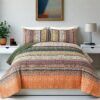 3 Pieces Boho Queen King Quilt Sets Green And Orange Bohemian Quilt Bedding Set Lightweight Microfiber Bed Decor Bedspread For All Season 96 X90 main 1