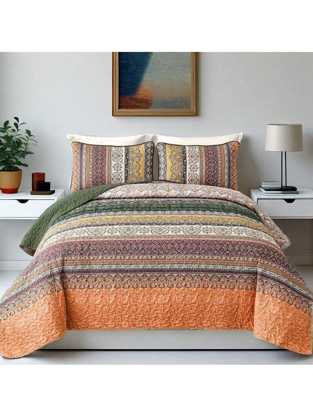 3 Piece Boho Quilt Set Green Orange Lightweight Bedding for Queen King Bed All Season 3 Piece Boho Quilt Set Green Orange Lightweight Bedding for Queen King Bed All Season