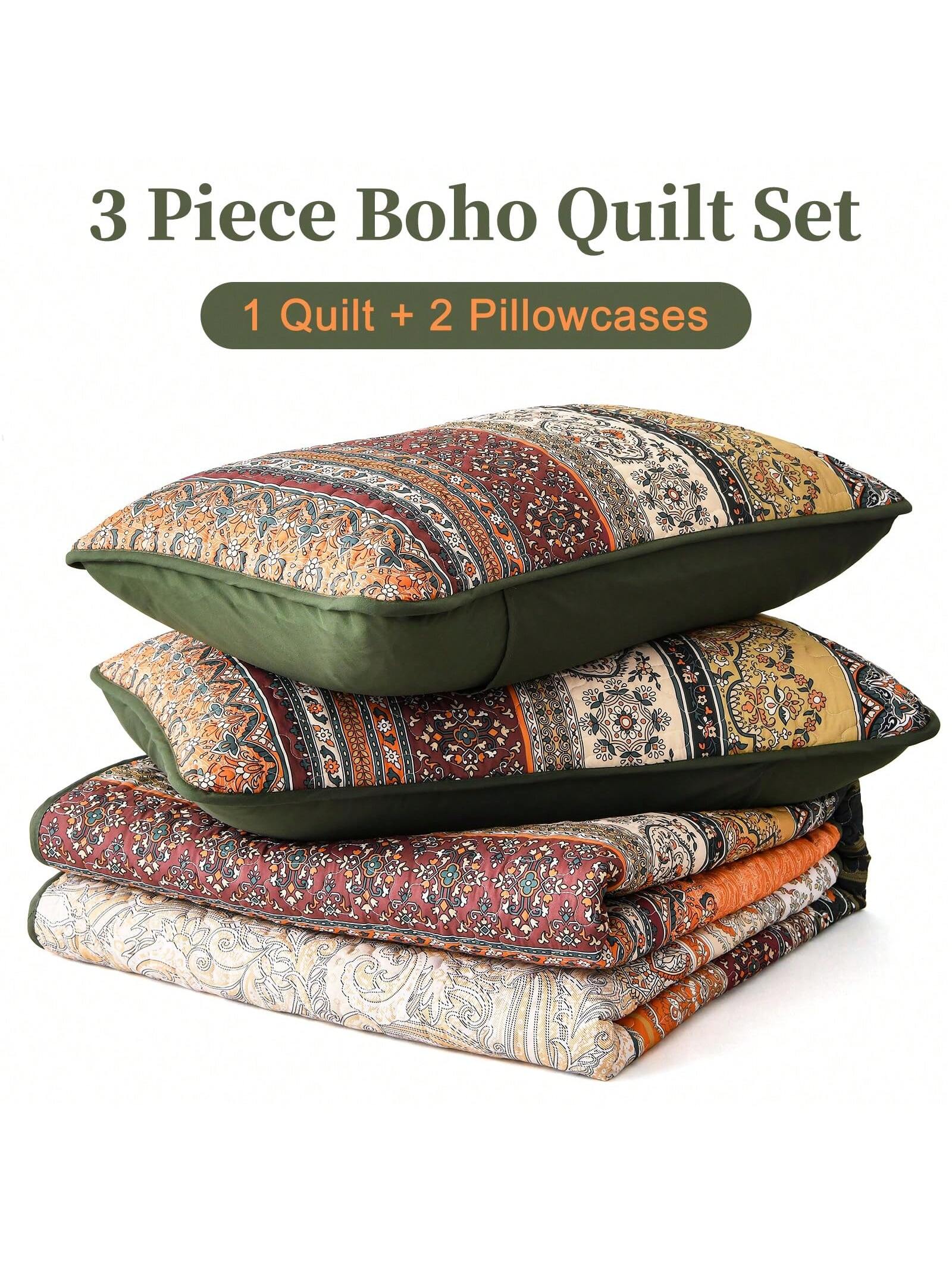 3 Piece Boho Quilt Set Green Orange Lightweight Bedding for Queen King Bed All Season 3 Piece Boho Quilt Set Green Orange Lightweight Bedding for Queen King Bed All Season