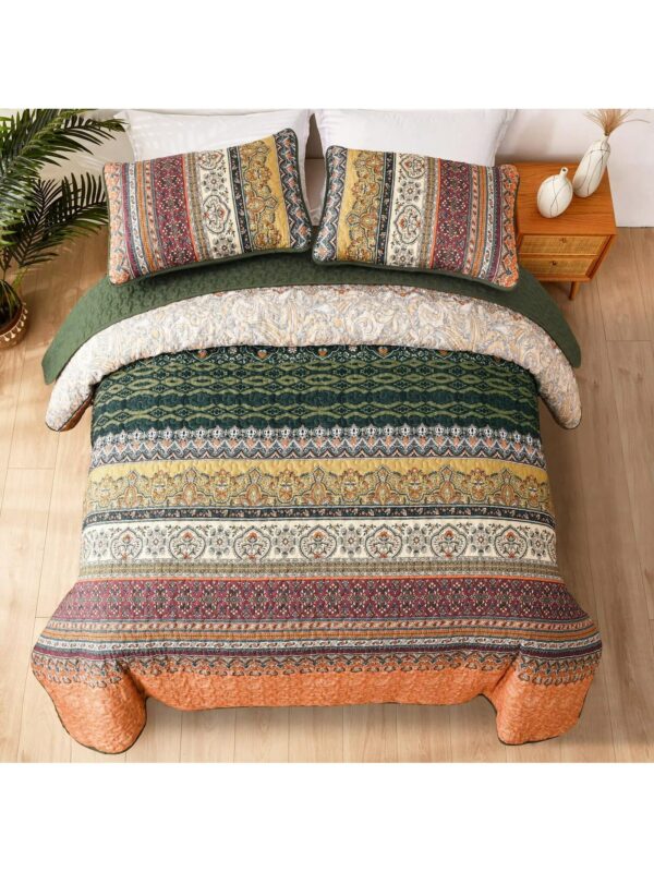 3 Piece Boho Quilt Set Green Orange Lightweight Bedding for Queen King Bed All Season