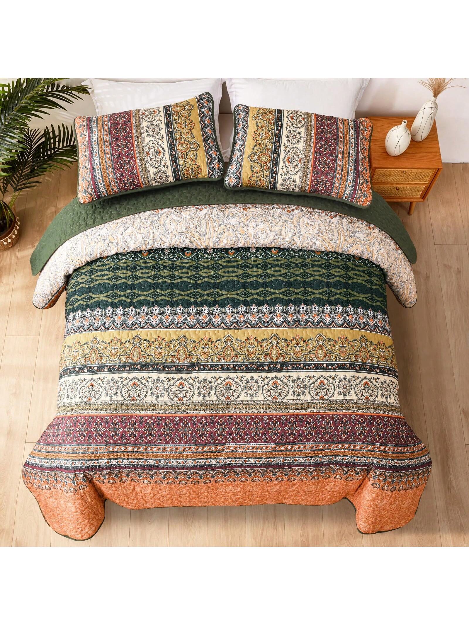 3 Piece Boho Quilt Set Green Orange Lightweight Bedding for Queen King Bed All Season 3 Piece Boho Quilt Set Green Orange Lightweight Bedding for Queen King Bed All Season