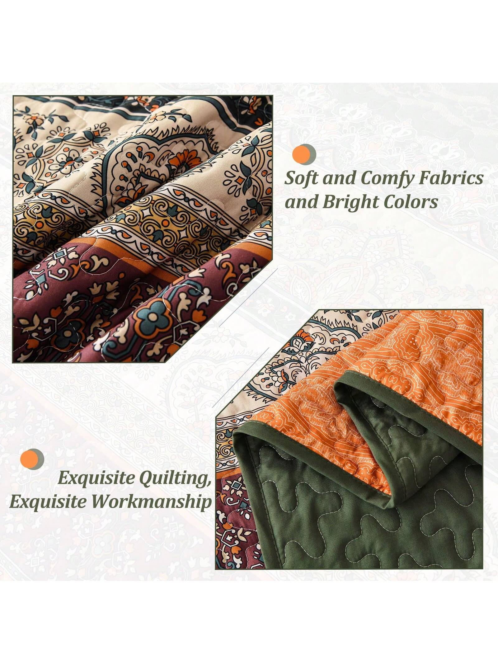 3 Piece Boho Quilt Set Green Orange Lightweight Bedding for Queen King Bed All Season 3 Piece Boho Quilt Set Green Orange Lightweight Bedding for Queen King Bed All Season