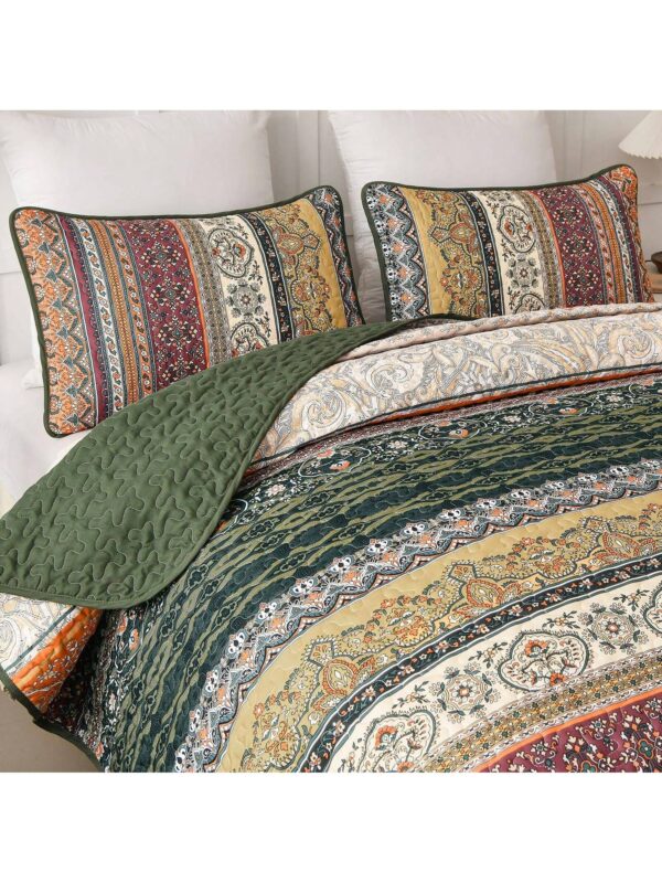 3 Piece Boho Quilt Set Green Orange Lightweight Bedding for Queen King Bed All Season