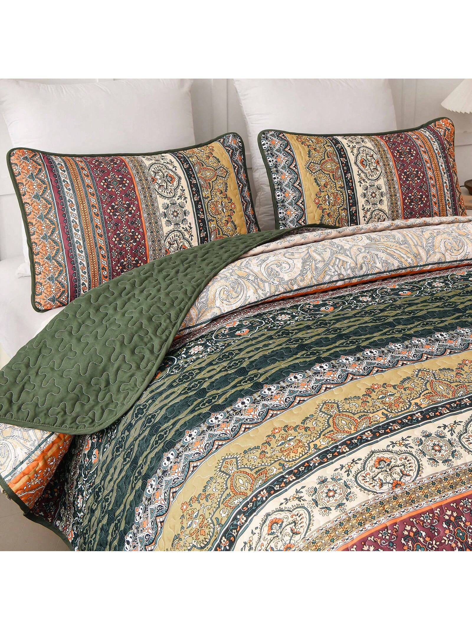 3 Piece Boho Quilt Set Green Orange Lightweight Bedding for Queen King Bed All Season 3 Piece Boho Quilt Set Green Orange Lightweight Bedding for Queen King Bed All Season