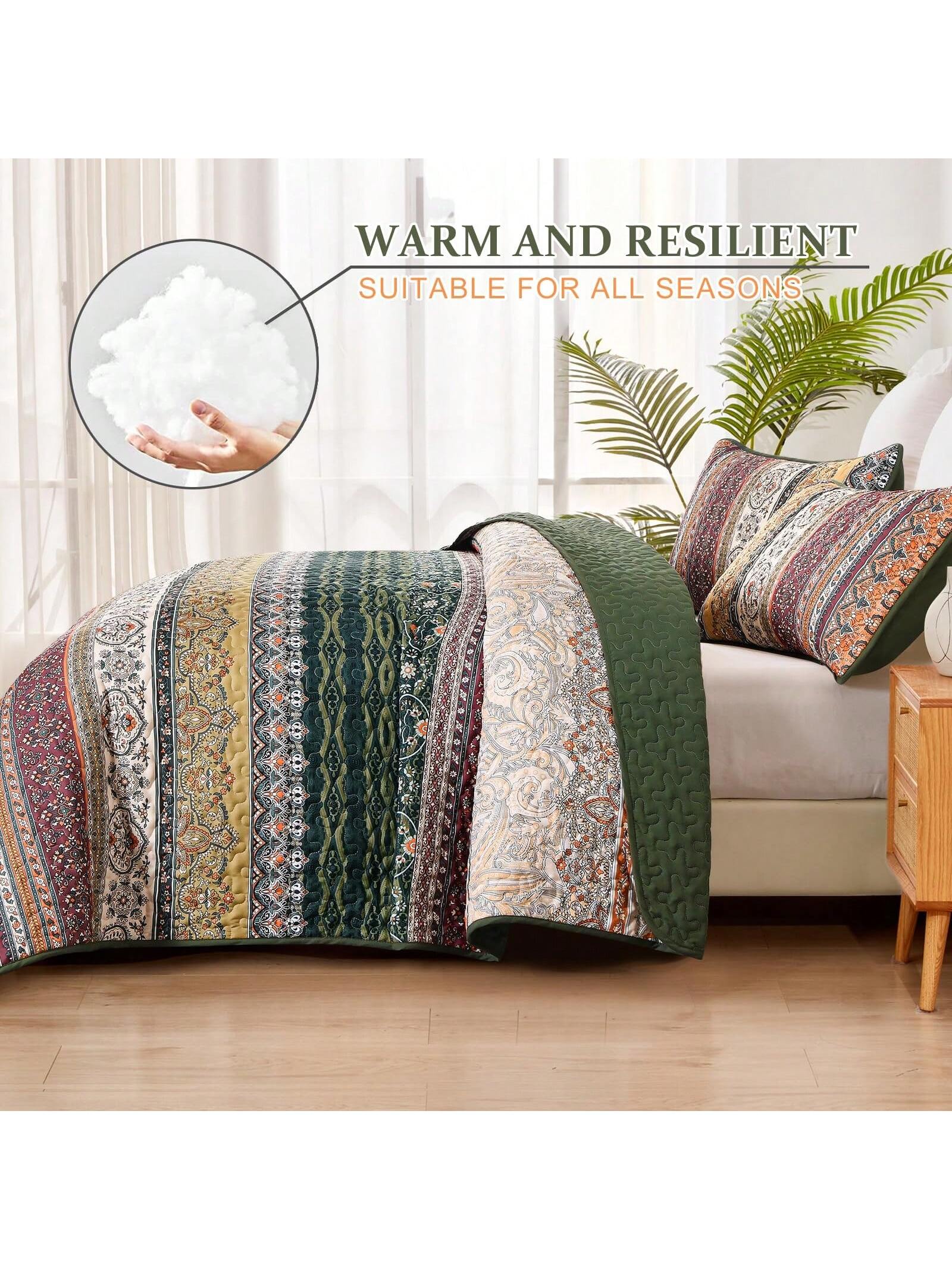 3 Piece Boho Quilt Set Green Orange Lightweight Bedding for Queen King Bed All Season 3 Piece Boho Quilt Set Green Orange Lightweight Bedding for Queen King Bed All Season