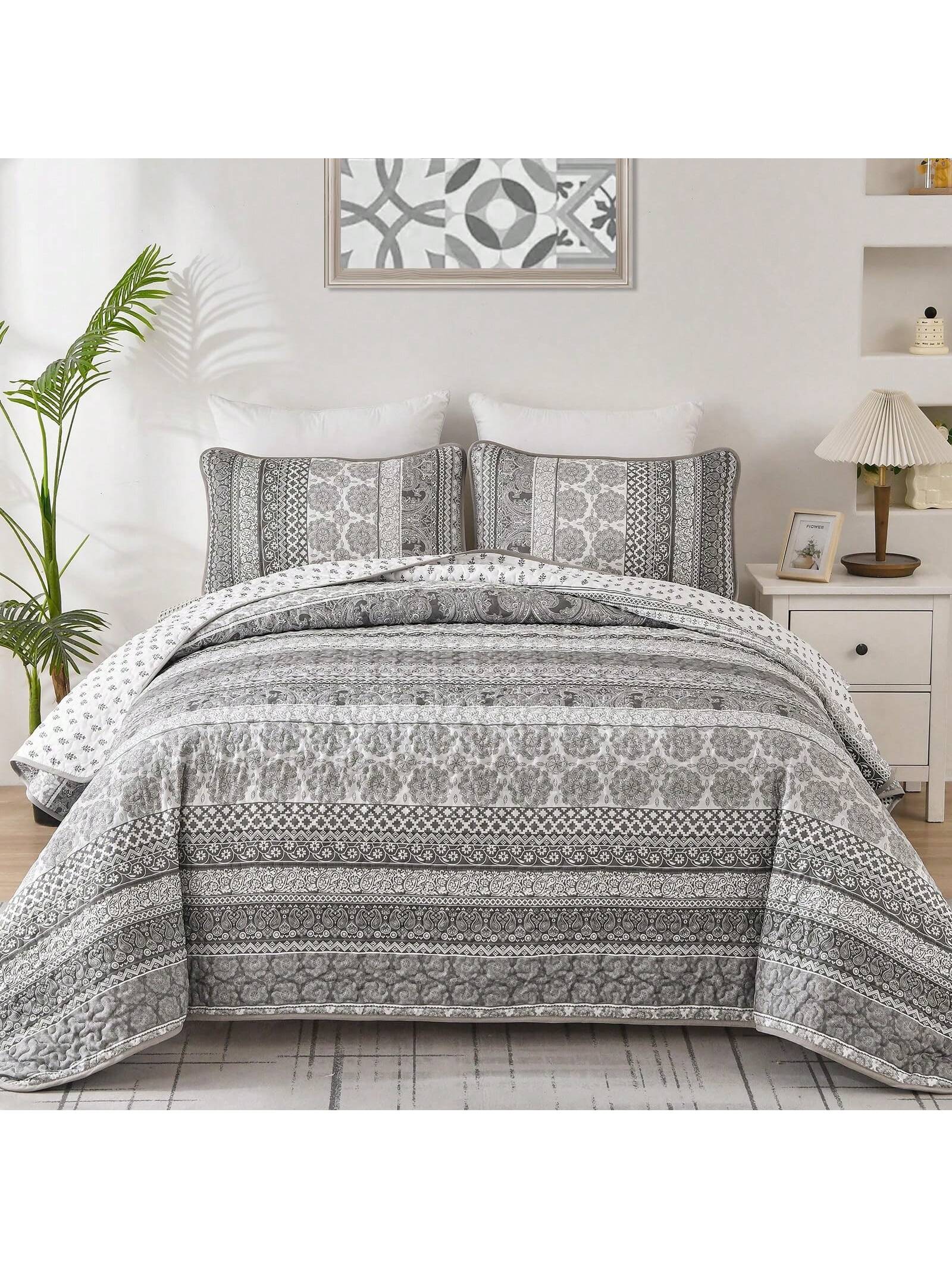 3 Piece Boho Quilt Set Grey Lightweight Bedspread Coverlet for Queen King All Season 3 Piece Boho Quilt Set Grey Lightweight Bedspread Coverlet for Queen King All Season
