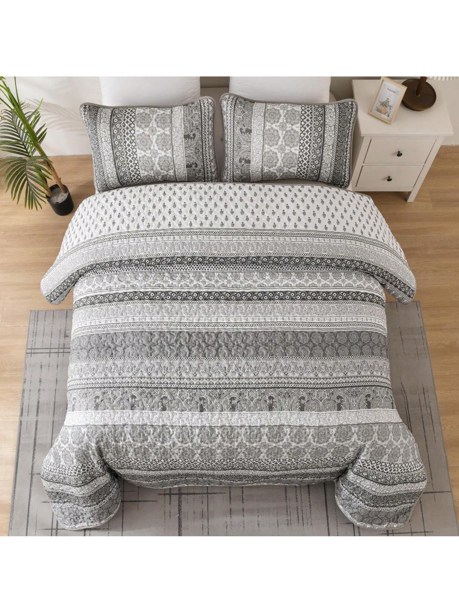 3 Piece Boho Quilt Set Grey Lightweight Bedspread Coverlet for Queen King All Season 3 Piece Boho Quilt Set Grey Lightweight Bedspread Coverlet for Queen King All Season