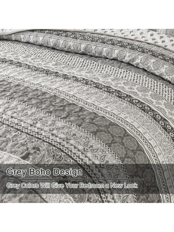 3 Piece Boho Quilt Set Grey Lightweight Bedspread Coverlet for Queen King All Season