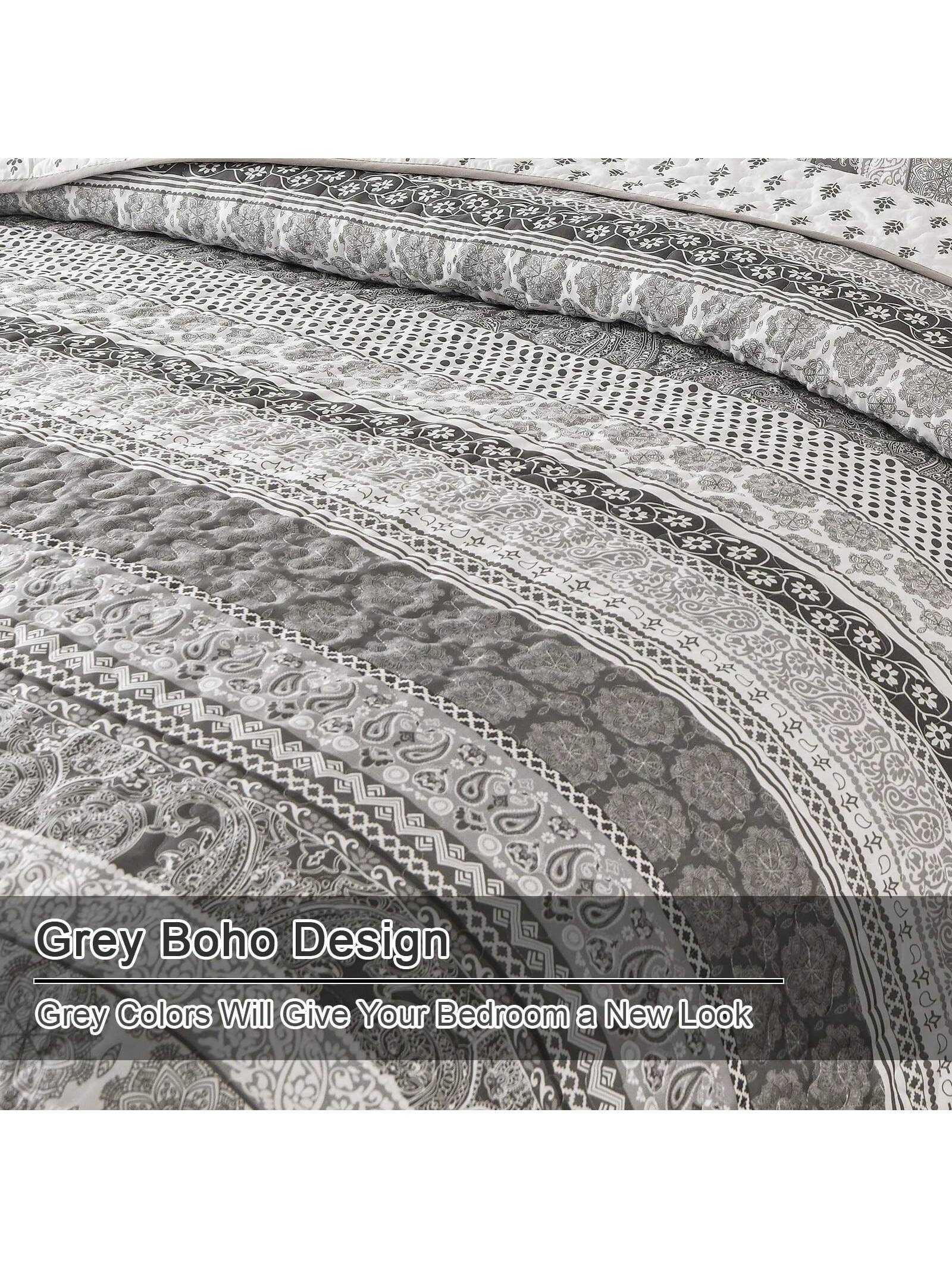 3 Piece Boho Quilt Set Grey Lightweight Bedspread Coverlet for Queen King All Season 3 Piece Boho Quilt Set Grey Lightweight Bedspread Coverlet for Queen King All Season