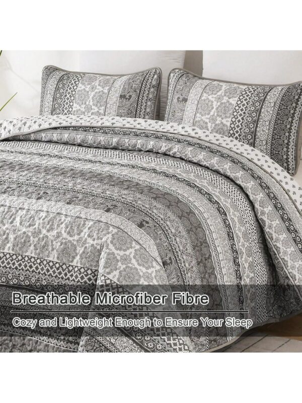 3 Piece Boho Quilt Set Grey Lightweight Bedspread Coverlet for Queen King All Season