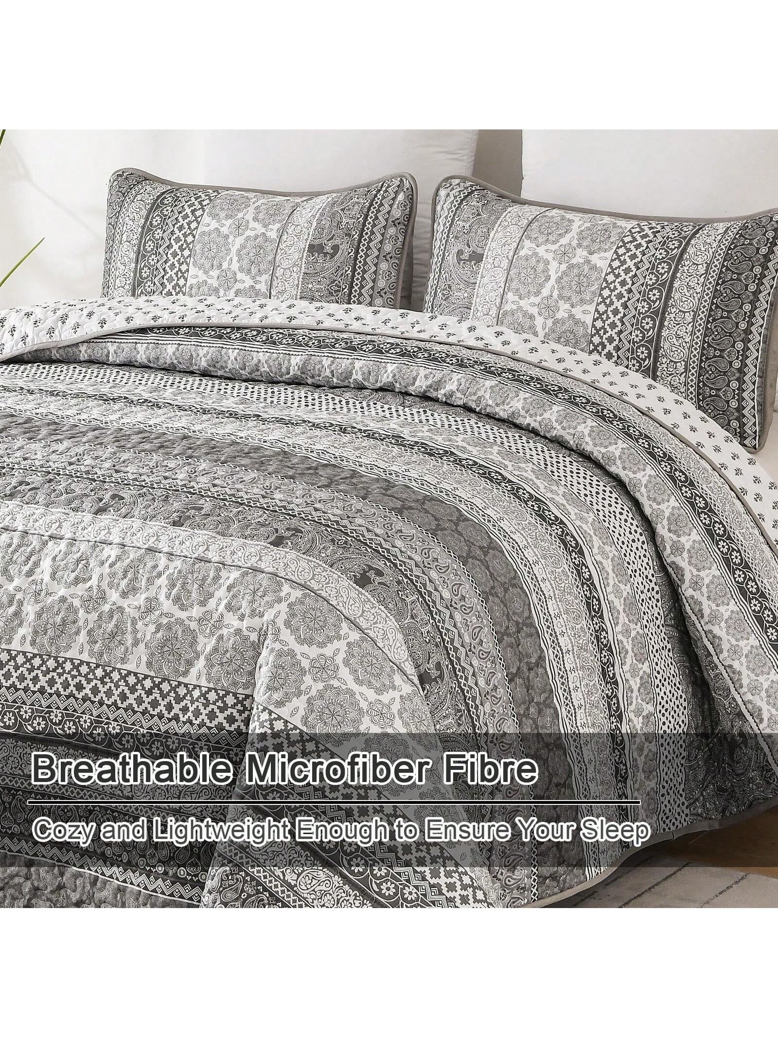 3 Piece Boho Quilt Set Grey Lightweight Bedspread Coverlet for Queen King All Season 3 Piece Boho Quilt Set Grey Lightweight Bedspread Coverlet for Queen King All Season