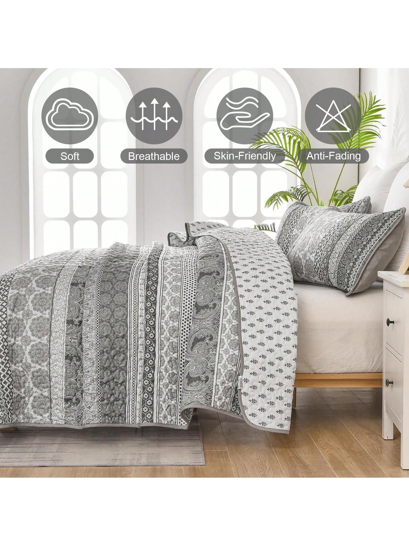 3 Piece Boho Quilt Set Grey Lightweight Bedspread Coverlet for Queen King All Season 3 Piece Boho Quilt Set Grey Lightweight Bedspread Coverlet for Queen King All Season