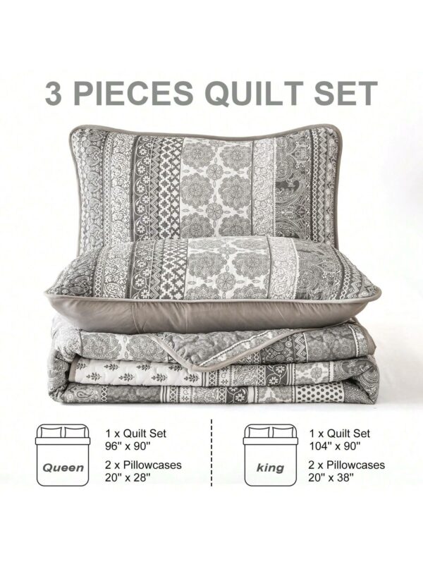 3 Piece Boho Quilt Set Grey Lightweight Bedspread Coverlet for Queen King All Season